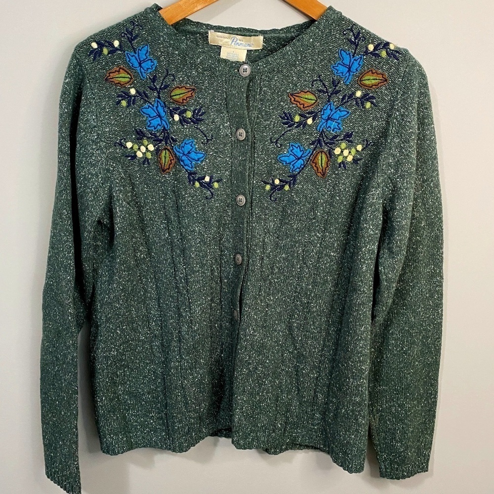 Vintage Penmans Women's Button Front Green Floral Cardigan Size‎ Small